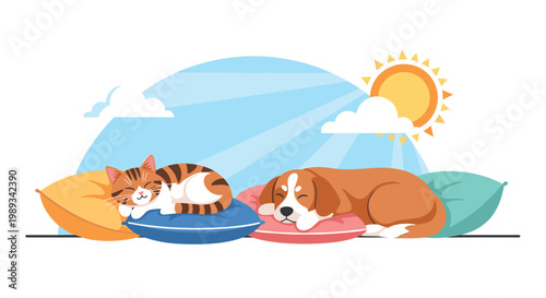 Adorable cat and dog sleeping peacefully on colourful pillows under the warm morning sun with fluffy clouds in a bright blue sky.