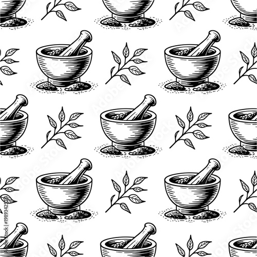 Vector illustration of mortar and pestle with leaves on white background