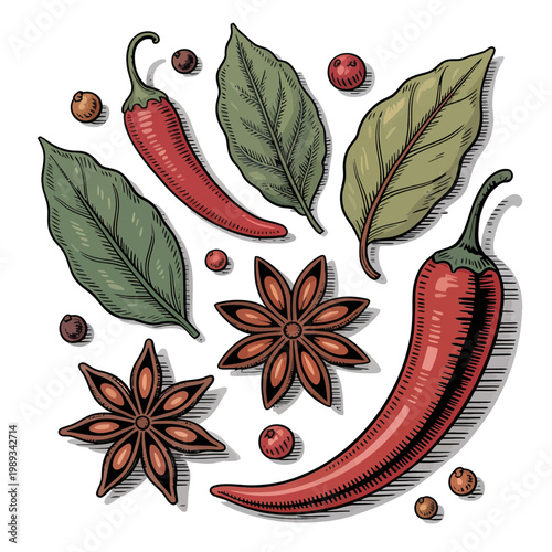 Vector illustration of various spices and chili peppers in a graphic design