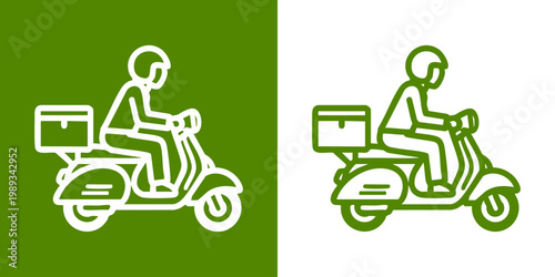 A delivery person rides a scooter with a box through city streets.