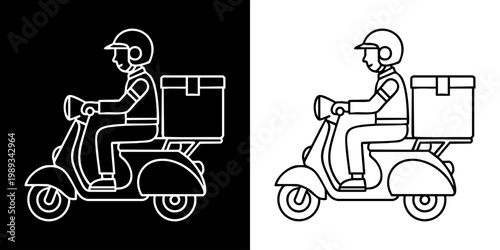 Delivery rider on scooter with box driving on road
