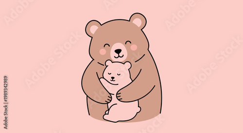Adorable illustration of a mother bear hugging her cub, representing love, family, and maternal care in a sweet, gentle style