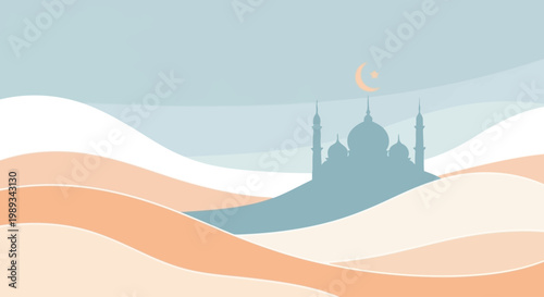 Serene Islamic Mosque Silhouette Against a Desert Landscape with Crescent Moon