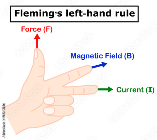 Fleming’s left-hand rule showing the relationship between force (F), magnetic field (B), and electric current (I). Educational physics concept with labeled fingers.Isolated.Vector illustration.