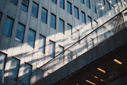 Modern Office Building Facade with Geometric Shadows and Reflections.