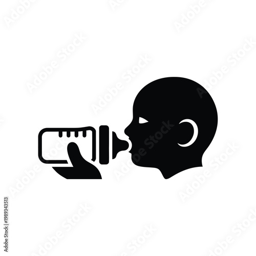 Silhouette icon of baby drinking from feeding bottle for childcare and parenting graphics
