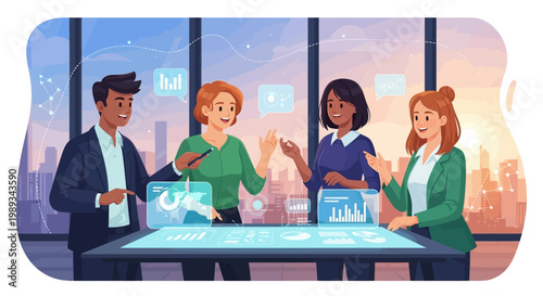 Diverse business professionals collaborating on interactive holographic data displays, strategizing future growth and innovation in a high-tech office environment with a city view