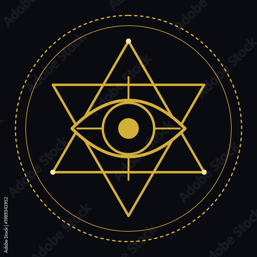 Gold sacred geometry all seeing eye symbol inside a hexagram star isolated on black background.