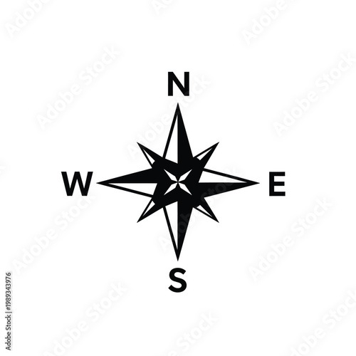 Minimalist compass rose vector illustration with cardinal directions isolated on white background