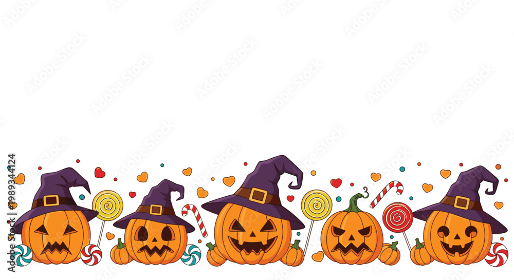Fototapeta premium Decorative horizontal border for halloween featuring carved pumpkins wearing witch hats, lollipops, candy canes, and hearts.