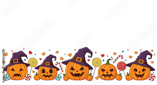 Decorative horizontal border for halloween featuring carved pumpkins wearing witch hats, lollipops, candy canes, and hearts.