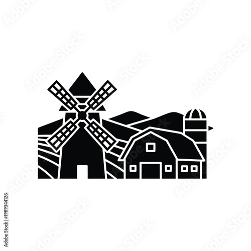 Farm landscape scene with windmill and barn icon for agricultural business marketing materials