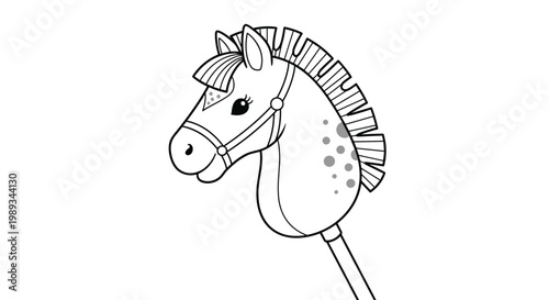 Simple black and white line art drawing of a toy hobby horse head with a mane and bridle on a stick for children to play.