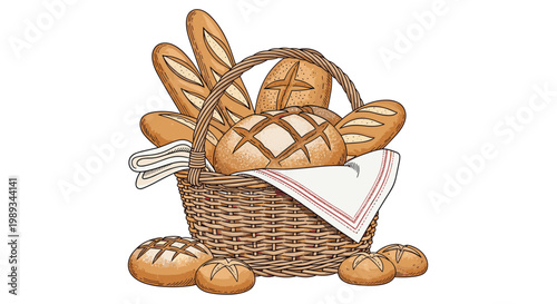 Hand-drawn colored illustration of a woven basket overflowing with various types of fresh bread and rolls on white background.