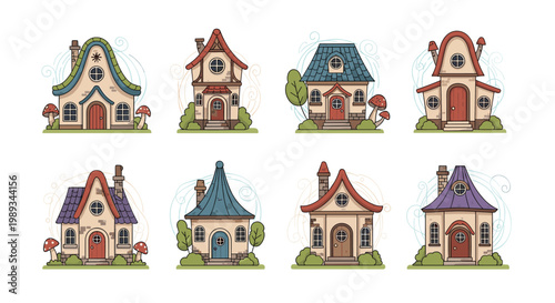 Set of eight whimsical and colorful fairytale houses with quirky roofs and mushrooms growing around them on a clean background.