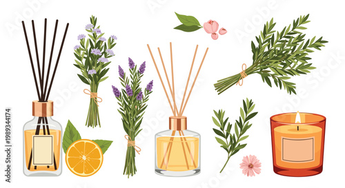 Collection of aromatherapy and wellness items including reed diffusers, essential oils, bundles of lavender, and a scented candle.