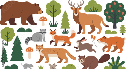 Cute woodland forest illustration with bear deer fox raccoon rabbits and trees whimsical nature scene flat minimalist vector design