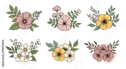 Set of six delicate floral bouquet arrangements featuring pink, yellow, and white wild flowers with green leaves.