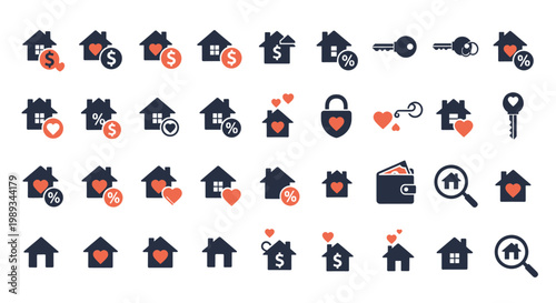 Large collection of real estate and home related icons in blue and coral colors including houses, keys, and dollar signs.