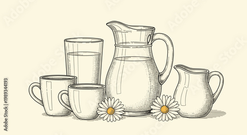Vintage style botanical engraving of various dairy containers including glass jugs, cups, and jars with daisies.