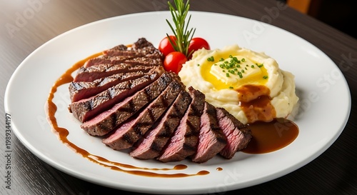 Delicious grilled steak with mashed potatoes.