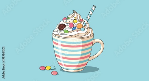 Delicious hot chocolate drink in a striped mug with a mountain of whipped cream and colorful candies, festive treat vector for winter themes.