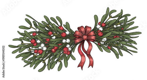 Festive christmas mistletoe arrangement with red and white berries tied with a big red bow, traditional holiday greenery vector illustration.