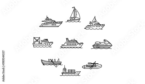 Modern Linear Marine Transport Icon Set Featuring Yacht Boats Sailing and Water Vehicles in Minimal Outline Style Vector Pack