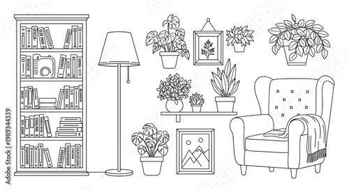 Detailed coloring page of a cozy living room interior with an armchair, bookshelf, and indoor plants, black and white line art for relaxation.