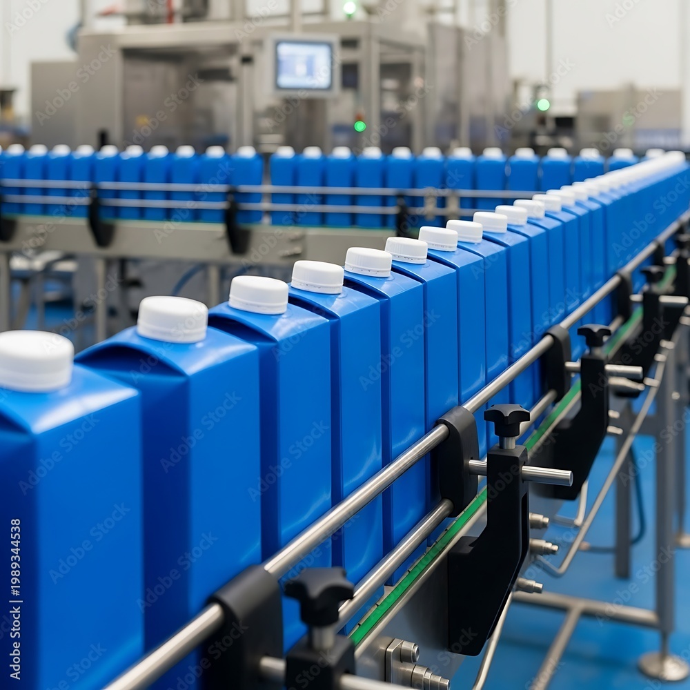 Fototapeta premium Blue Beverage Cartons Moving on a Conveyor Belt in a Factory.
