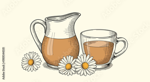 Healthy chamomile herbal tea is presented in a glass cup and a ceramic jug accompanied by fresh blooming chamomile flowers.