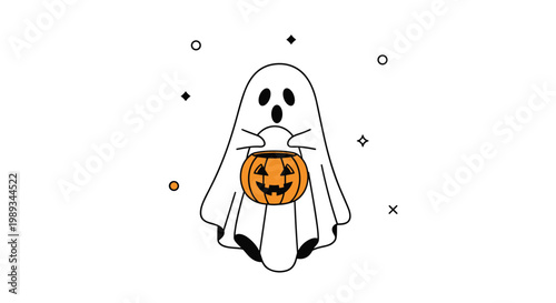 Friendly white ghost is holding an orange pumpkin trick or treat bucket in this simple and cute Halloween theme illustration.