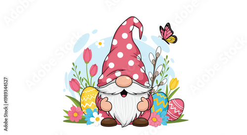 Easter gnome with a pink polka dot hat stands among colorful spring flowers and decorated eggs in a cheerful festive scene.
