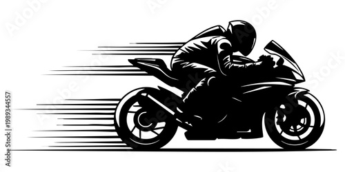 Racing motorcycle rider speeds down highway at night