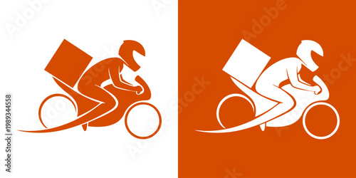 A delivery person rides a bicycle quickly through the city streets carrying a large box.