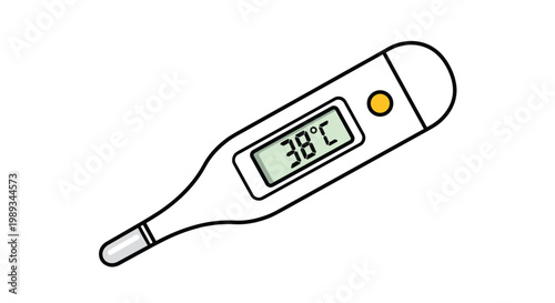 Electronic digital thermometer displays a body temperature of 38 degrees celsius indicating a fever in this clean medical illustration.