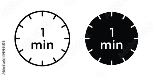 1 minute icon in stroke outline style with flat version