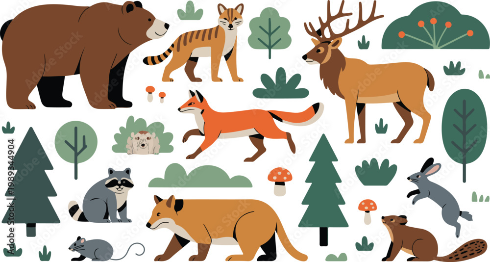 Fototapeta premium Cute woodland forest illustration with bear deer fox raccoon rabbits and trees whimsical nature scene flat minimalist vector design