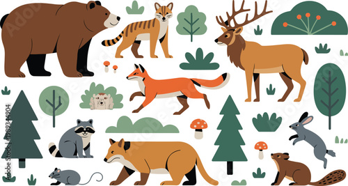 Cute woodland forest illustration with bear deer fox raccoon rabbits and trees whimsical nature scene flat minimalist vector design