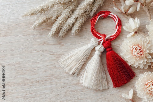 A delicate arrangement of dried flowers and woven tassels rests on a light wooden surface.