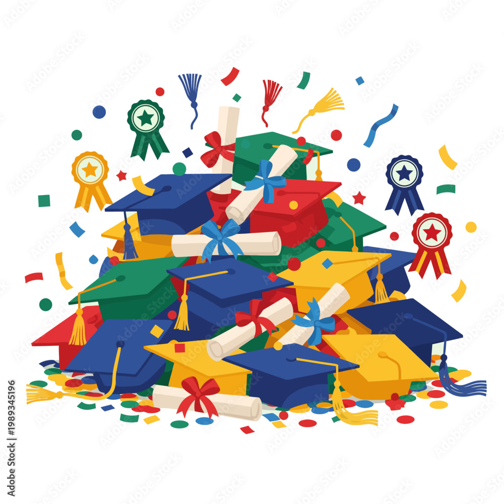 Fototapeta premium Graduation Celebration with Colorful Caps and Diplomas Illustration