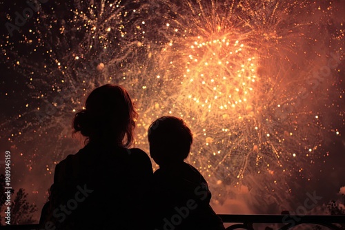A silhouetted mother and child gaze in awe at a vibrant display of fireworks illuminating the night sky.
