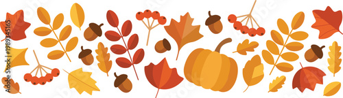 Autumn seamless border pattern with maple leaves acorns berries and pumpkin warm fall colors flat minimalist vector design