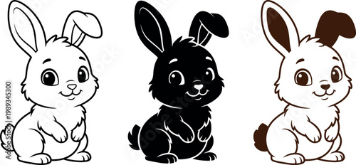 Three cute cartoon rabbits in different color styles sitting upright  looking around