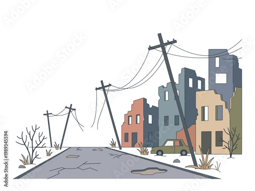 Abandoned Urban Street with Ruined Buildings and Fallen Power Lines in Post Apocalyptic Scene