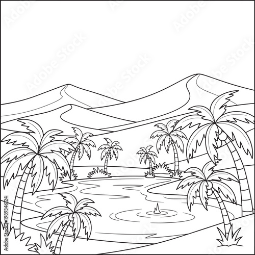 tropical desert oasis with palm trees and clouds vector illustration