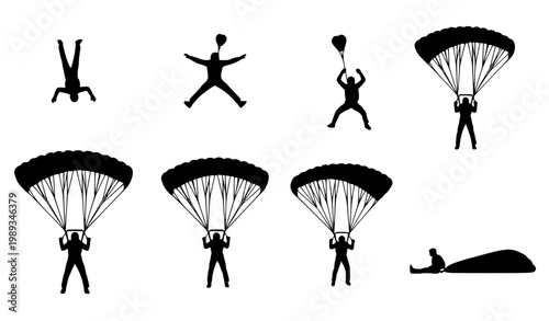 Skydiver silhouette vector set showing parachuting poses in free fall and canopy deployment isolated on white background for extreme sports design