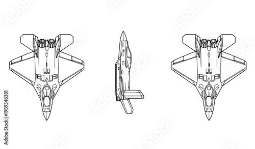 Military aircraft outline vector set with top side and front orthographic views for aviation technical blueprint illustration