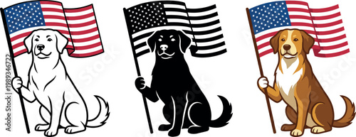 Canvas Print Three dogs holding American flags in patriotic colorful illustration