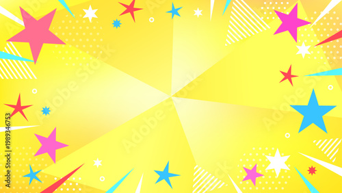 おしゃれな黄色のポップ背景。ドット・ストライプ・三角形と集中線のグラデーション。16:9動画サムネ用。